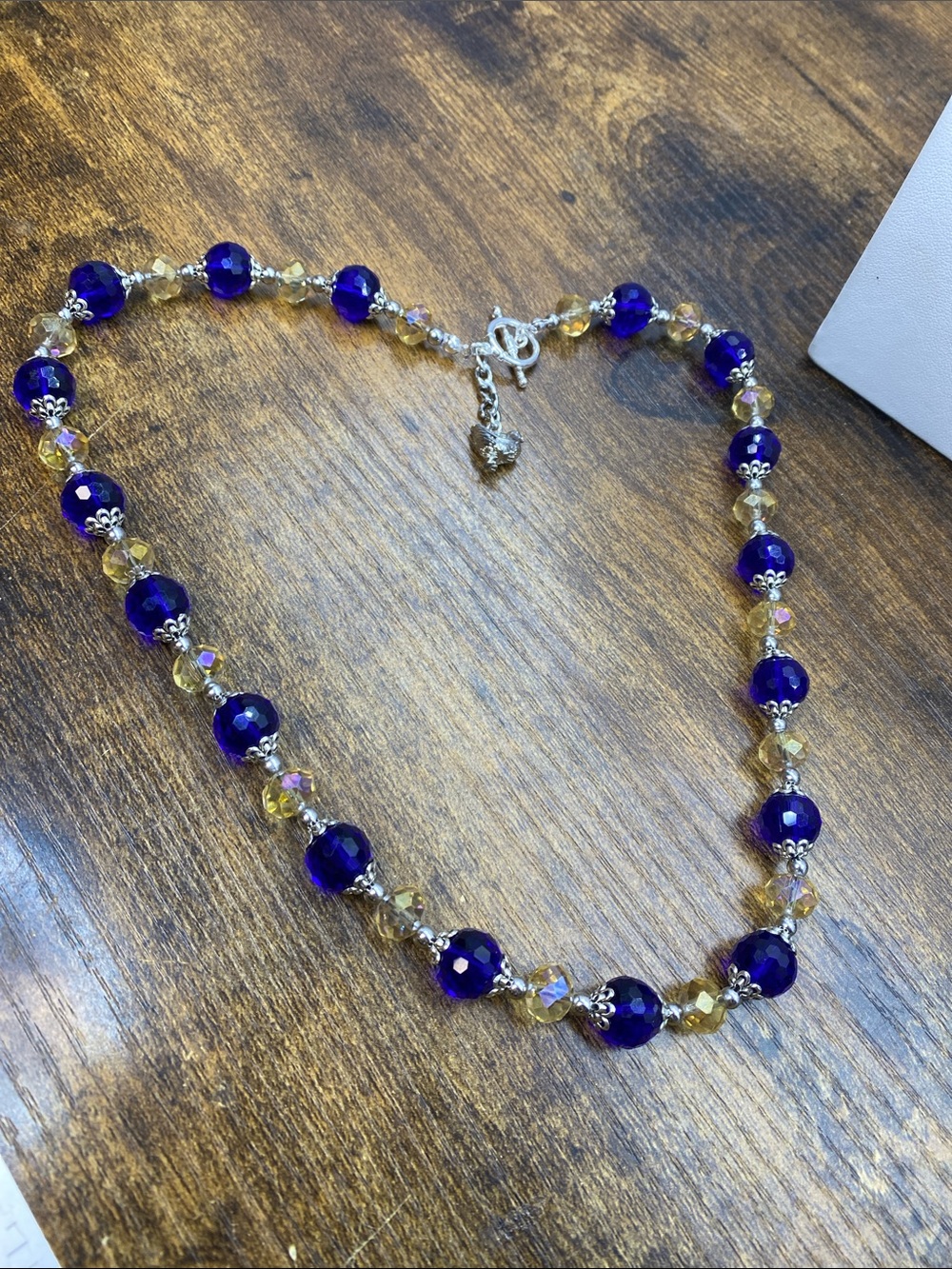 Royal Blue and Champagne Glass necklace silver accent Aprilsplace 20 inch - Picture 5 of 8